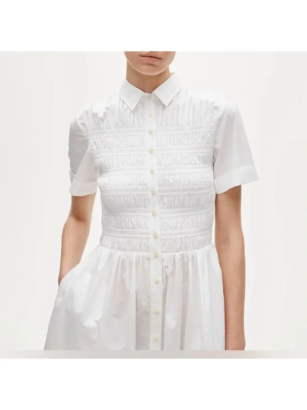 NWT J.Crew Petite Elsie Shirt-Dress MP White Smocked Midi Cotton Poplin A-Line